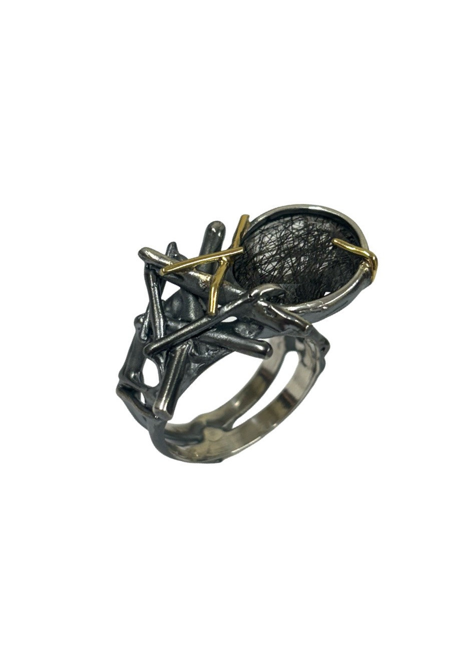 Anillo plata, oro y cuarzo rutilo