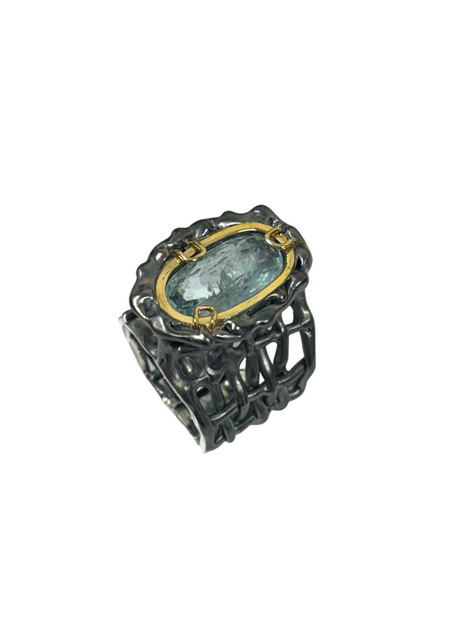 Anillo aguamarina, oro y plata